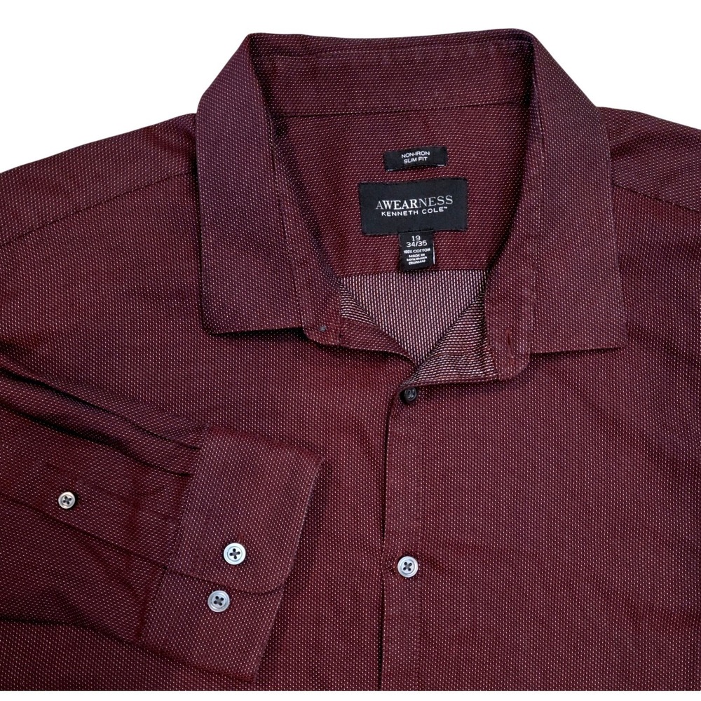 Awearness Kenneth Cole Burgundy Dress Shirt Mens XL 19 34/35 Slim Fit Non Iron